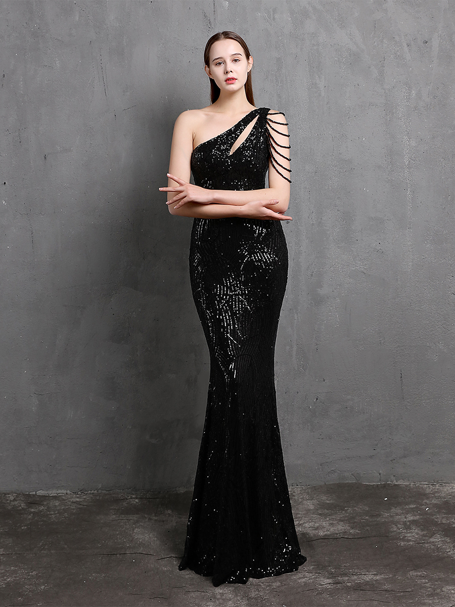 Elegant One-Shoulder Burgundy Sequin Gown