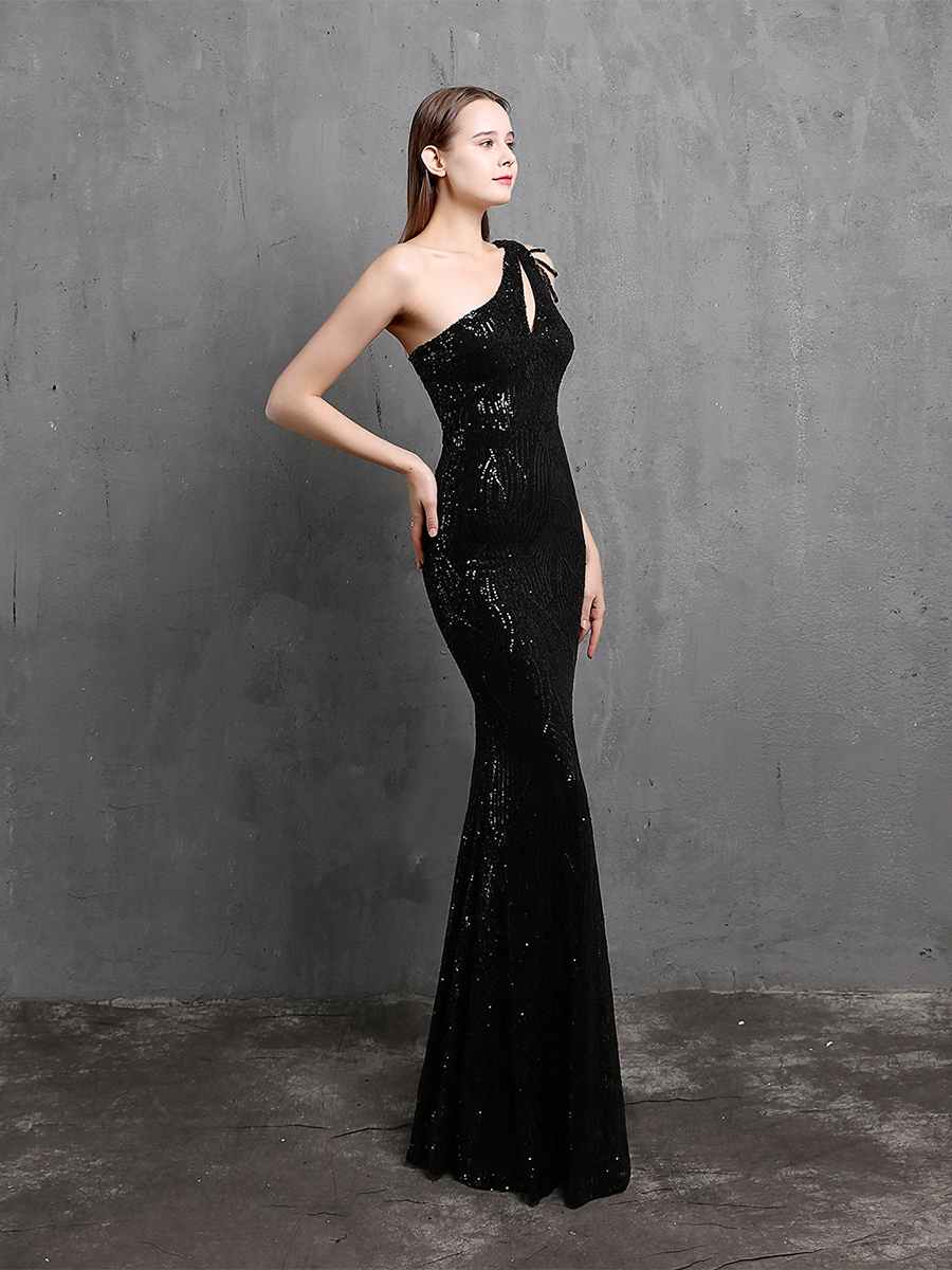 Elegant One-Shoulder Burgundy Sequin Gown
