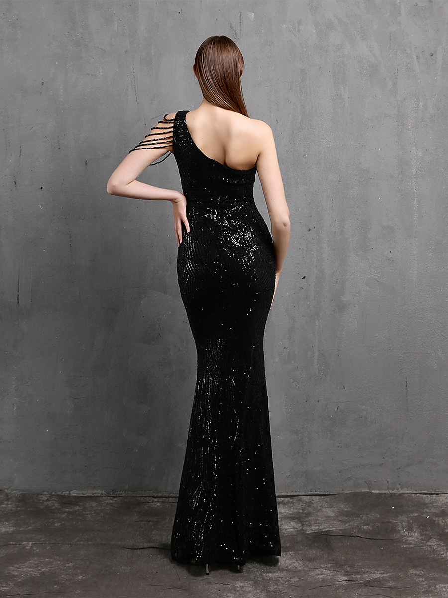 Elegant One-Shoulder Burgundy Sequin Gown