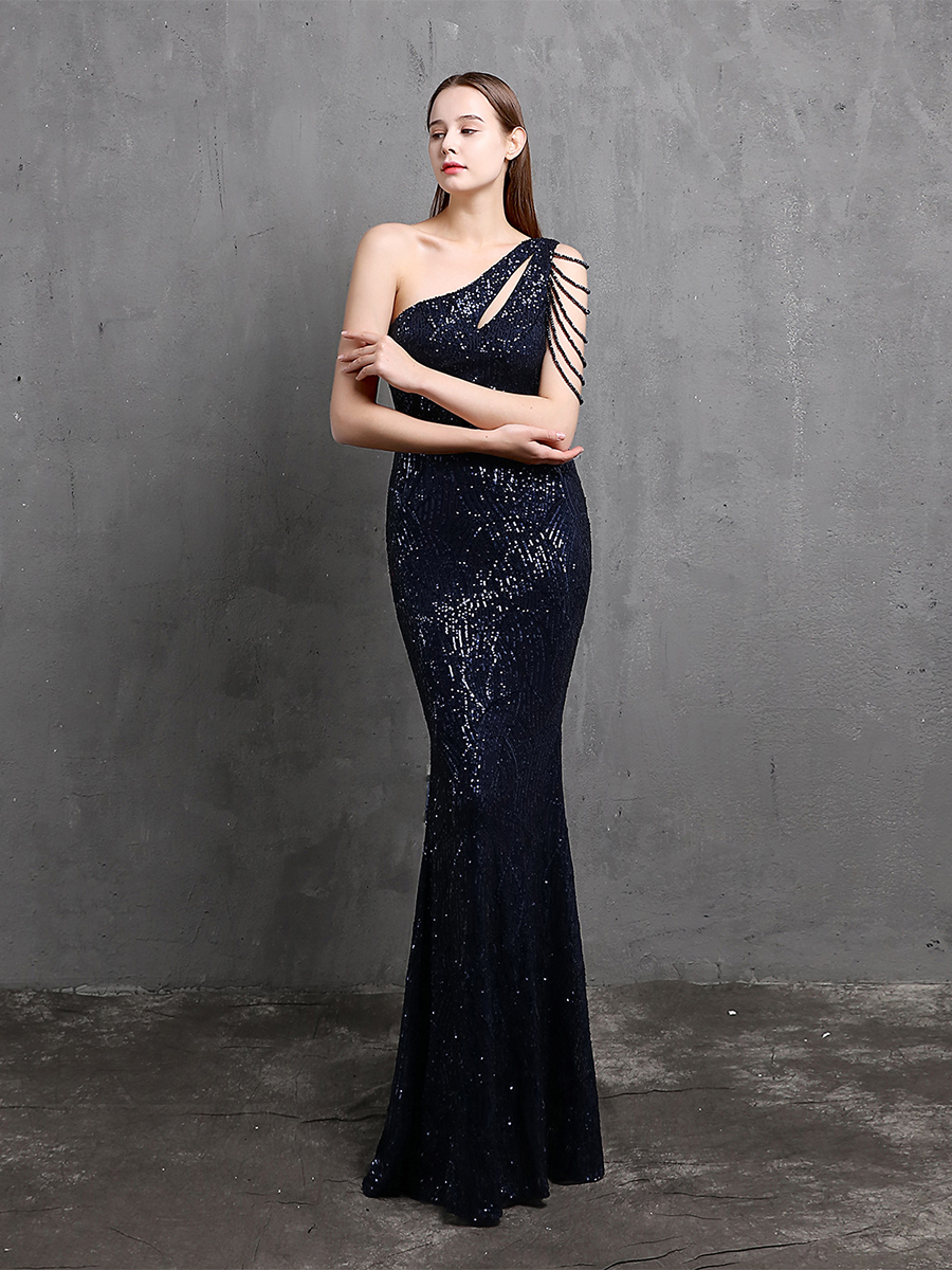 Elegant One-Shoulder Burgundy Sequin Gown