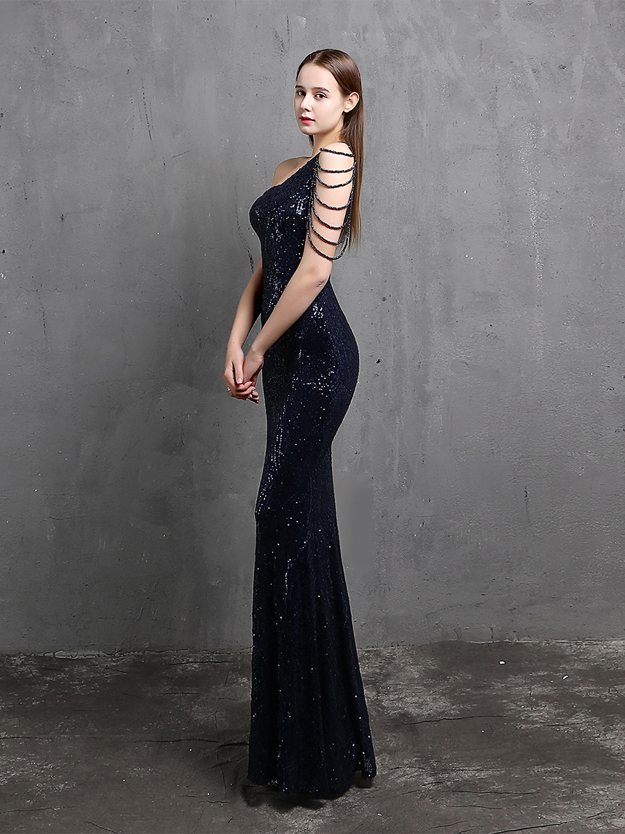 Elegant One-Shoulder Burgundy Sequin Gown