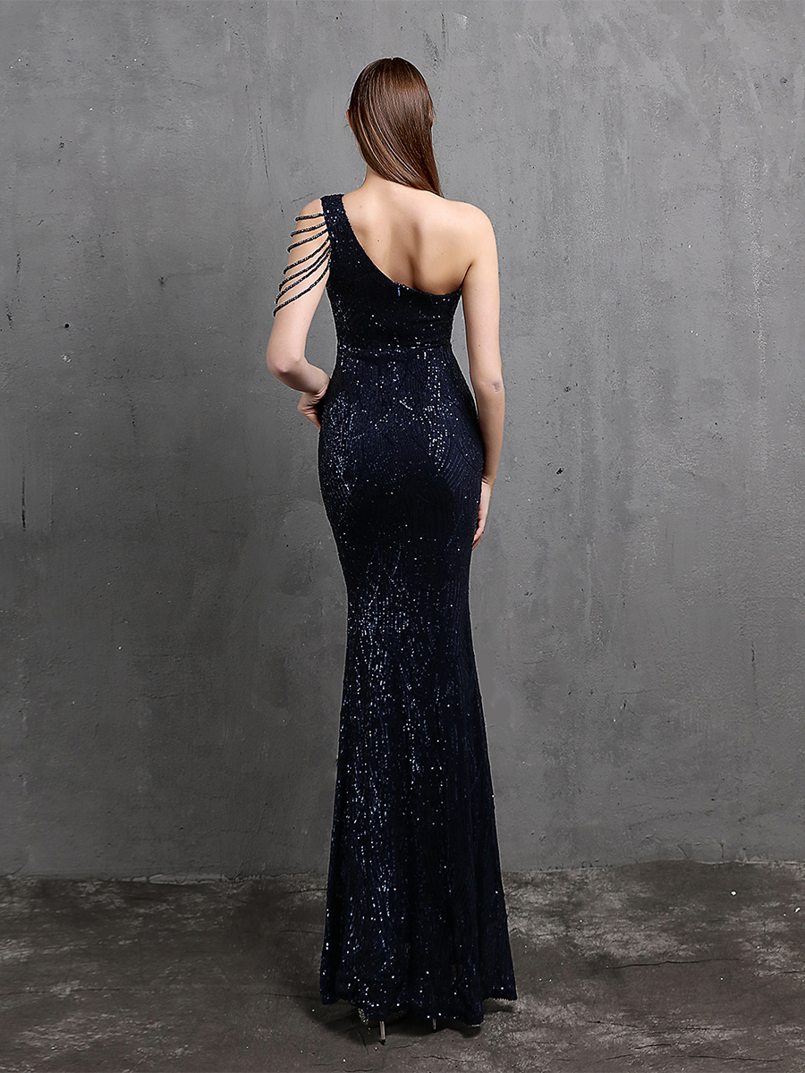 Elegant One-Shoulder Burgundy Sequin Gown