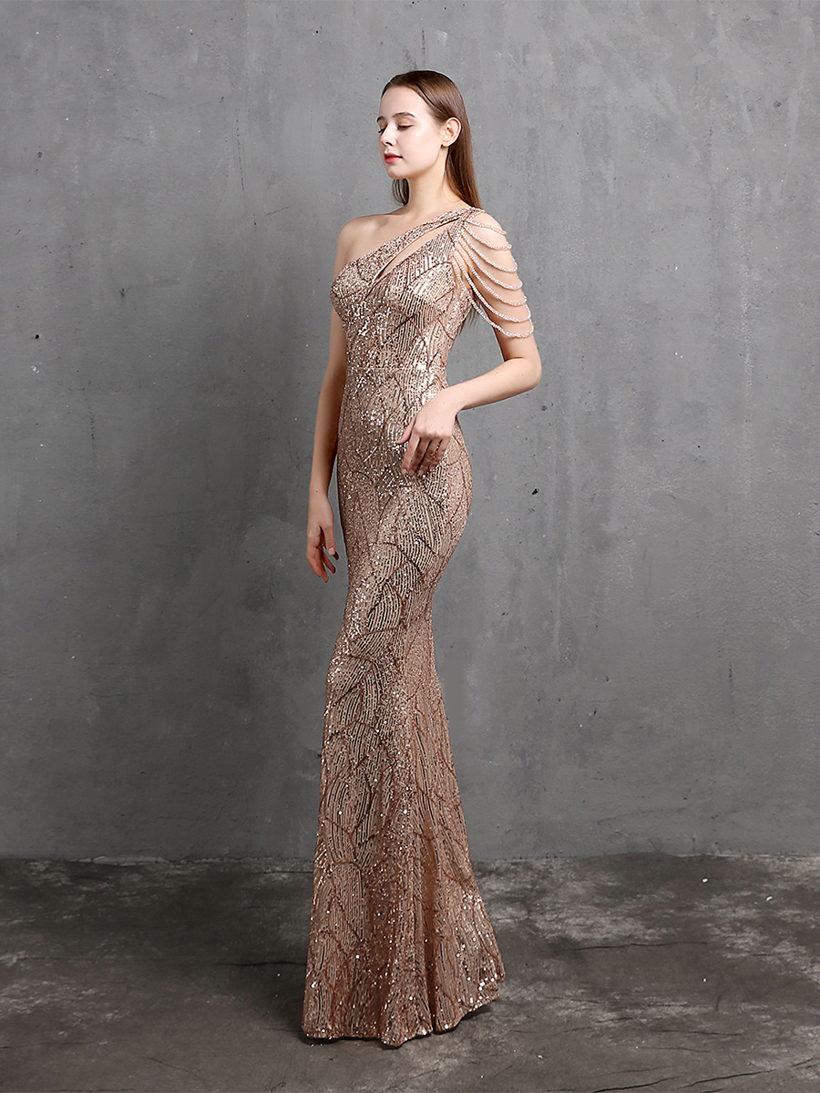Elegant One-Shoulder Burgundy Sequin Gown