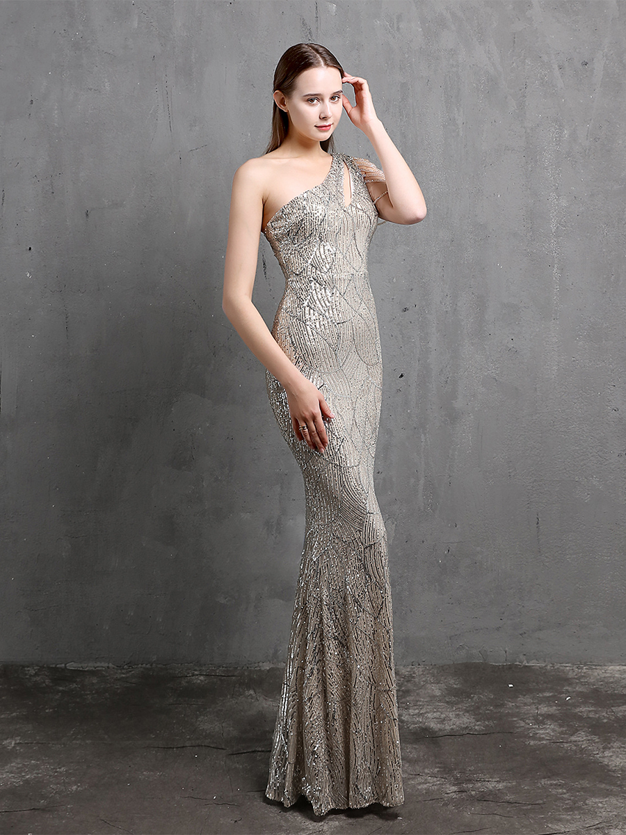 Elegant One-Shoulder Burgundy Sequin Gown