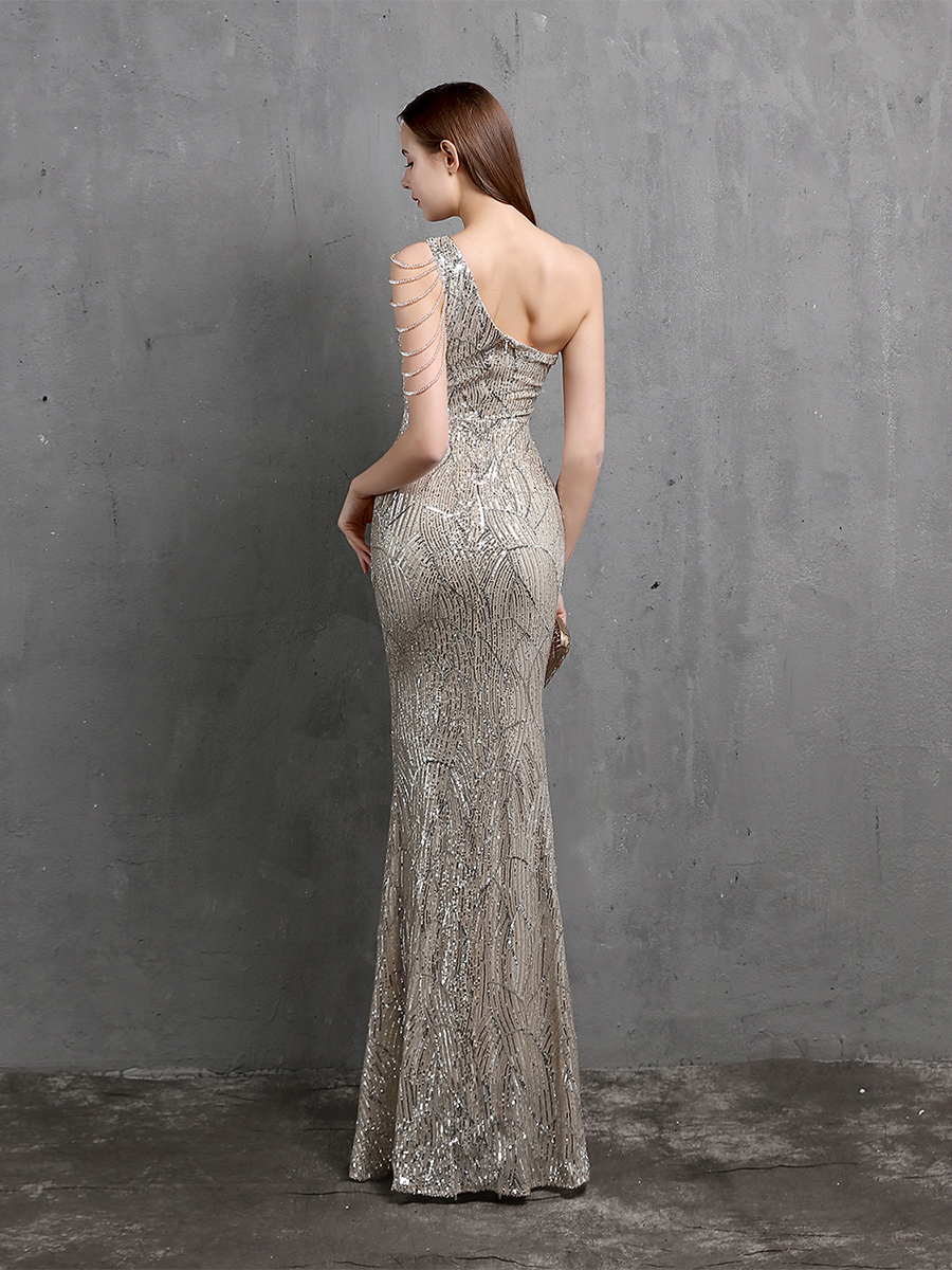 Elegant One-Shoulder Burgundy Sequin Gown
