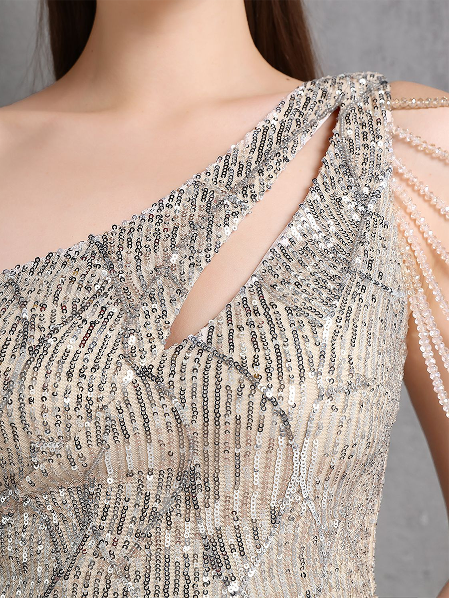 Elegant One-Shoulder Burgundy Sequin Gown