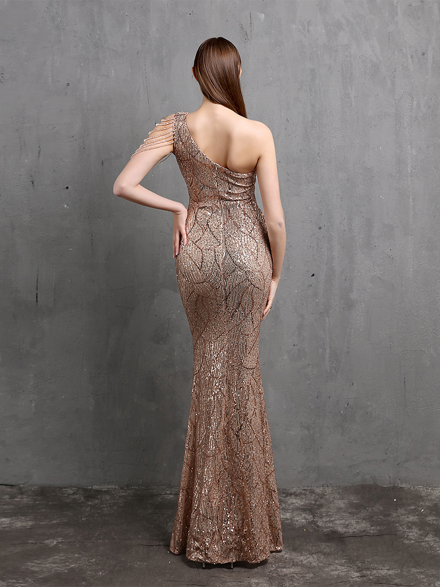 Elegant One-Shoulder Burgundy Sequin Gown
