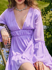 White V-neck Ruffle Hem Vacation Dress