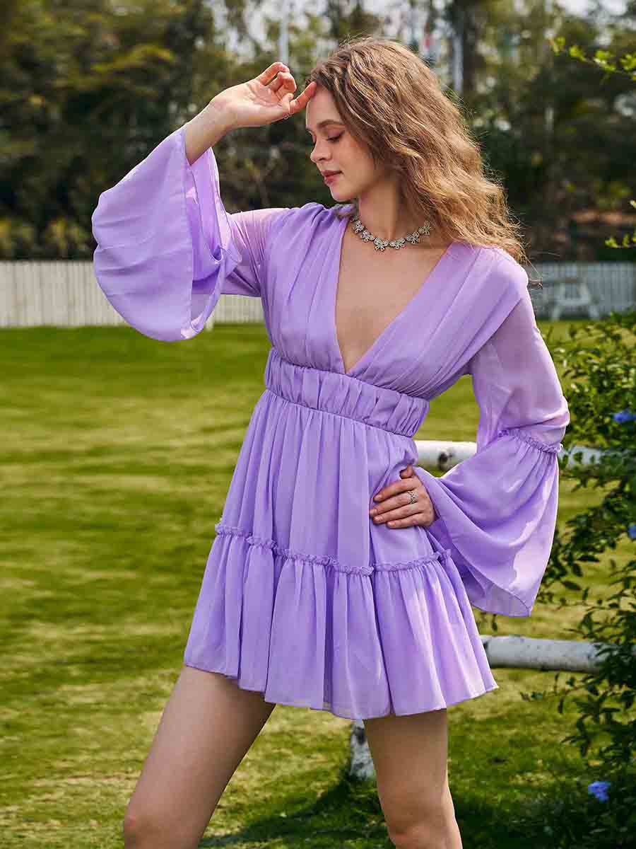 White V-neck Ruffle Hem Vacation Dress