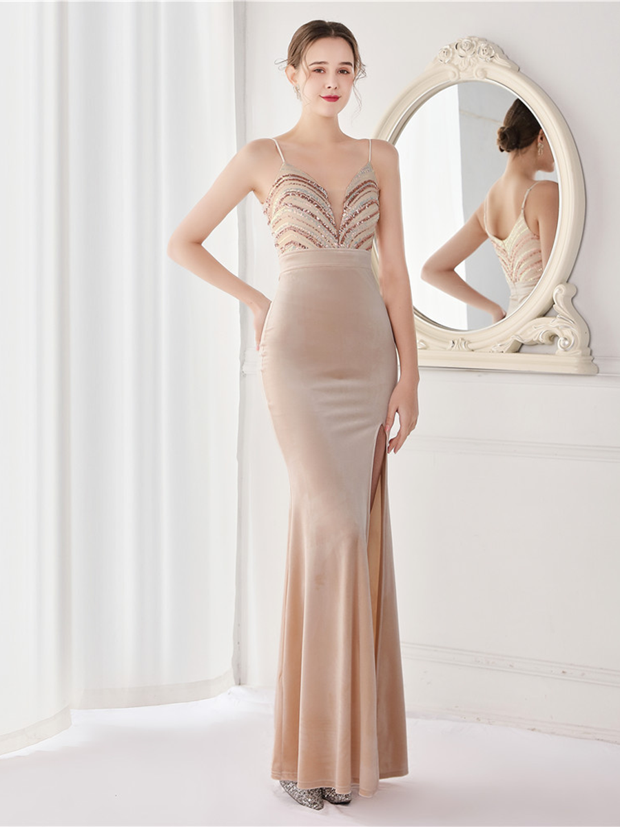 Deep V Neck Top Sequin Velvet Prom Dress