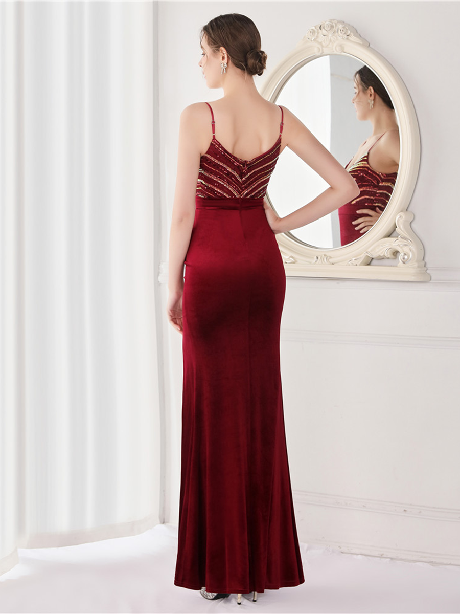 Deep V Neck Top Sequin Velvet Prom Dress