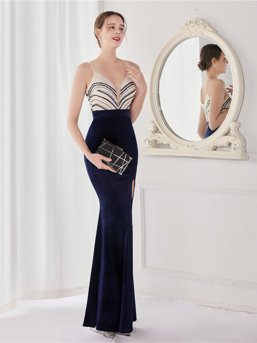 Deep V Neck Top Sequin Velvet Prom Dress