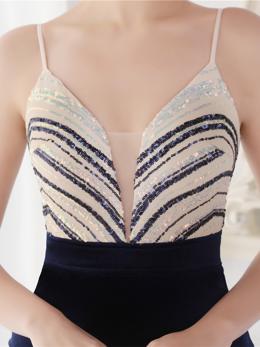 Deep V Neck Top Sequin Velvet Prom Dress