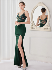 Deep V Neck Top Sequin Velvet Prom Dress