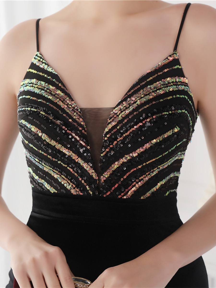 Deep V Neck Top Sequin Velvet Prom Dress