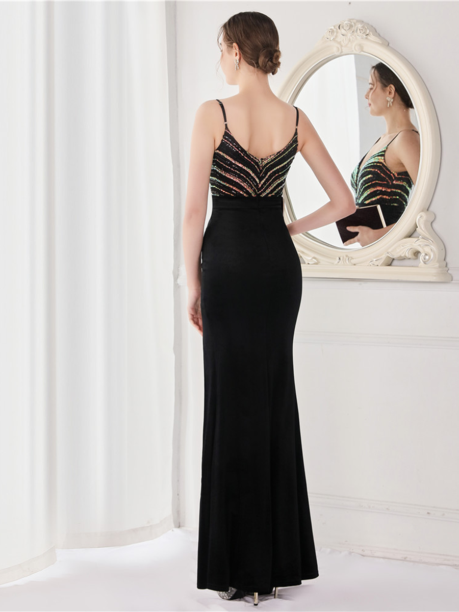 Deep V Neck Top Sequin Velvet Prom Dress