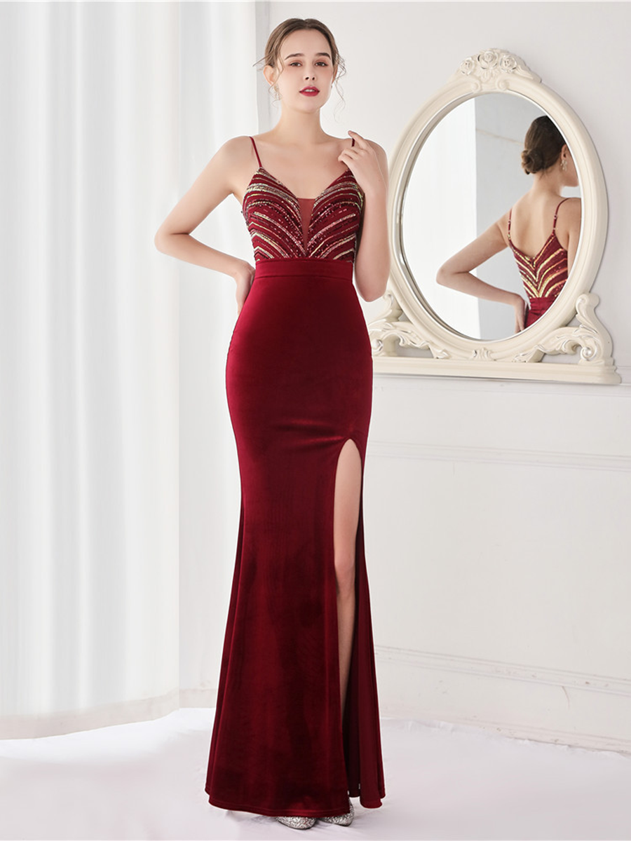 Deep V Neck Top Sequin Velvet Prom Dress