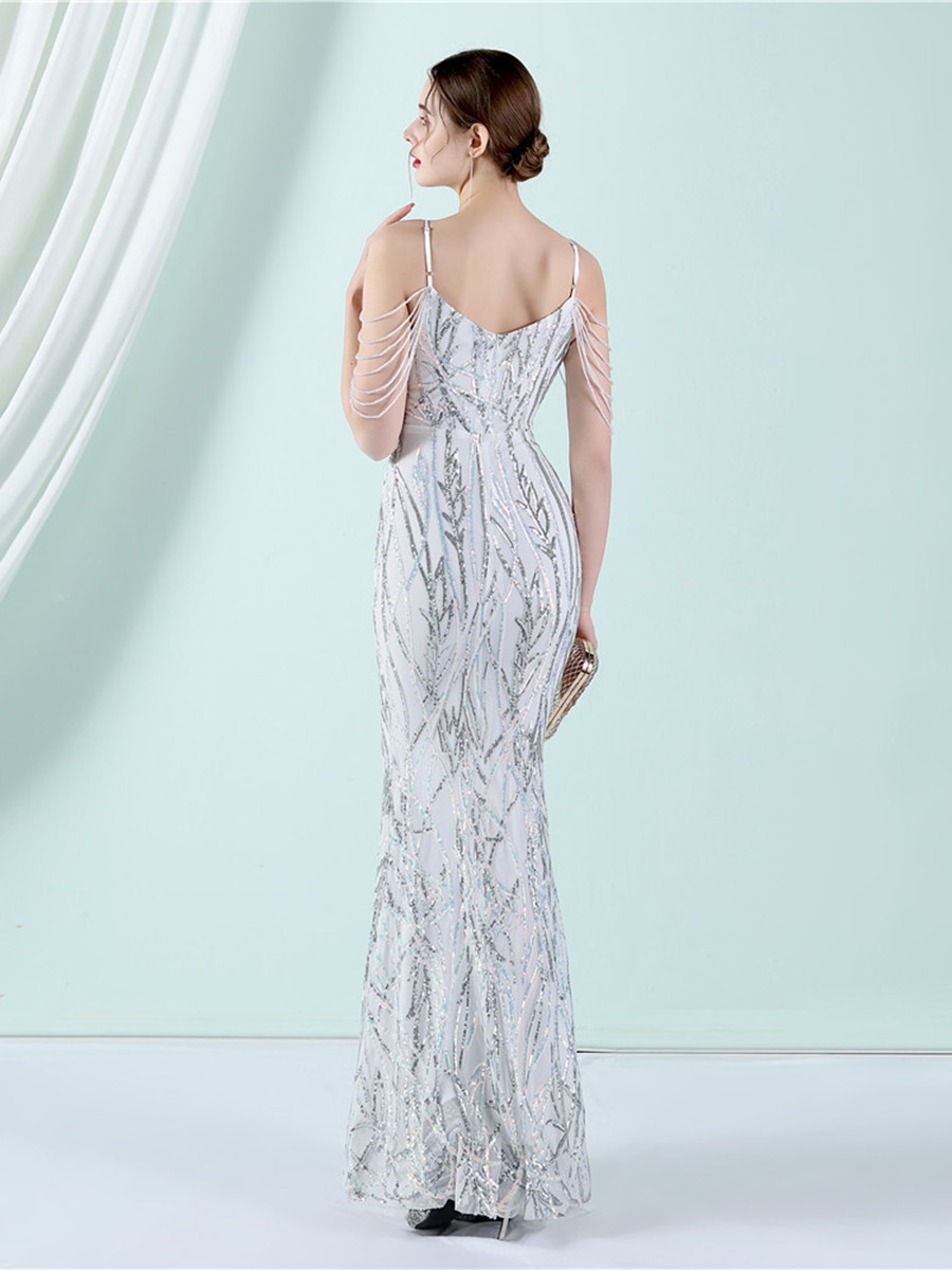Elegant V-Neck Beads Chain Sequin Mermaid Formal Dress
