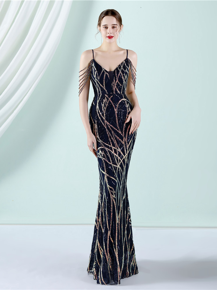 Elegant V-Neck Beads Chain Sequin Mermaid Formal Dress