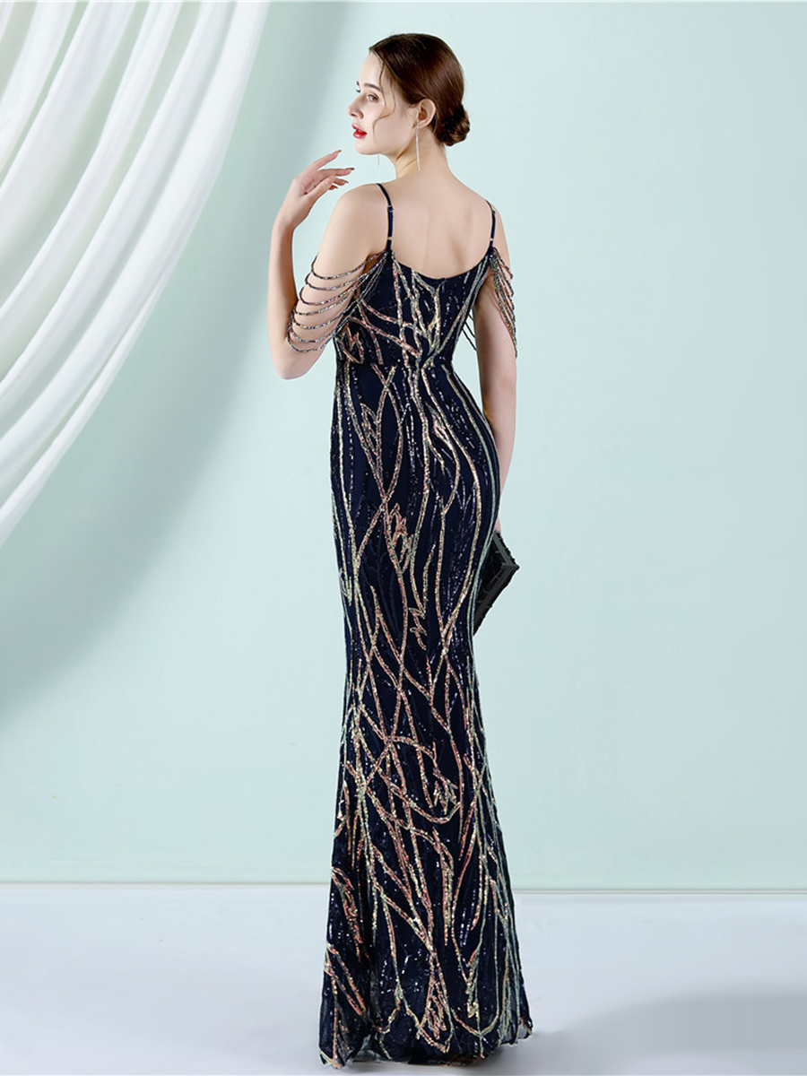 Elegant V-Neck Beads Chain Sequin Mermaid Formal Dress
