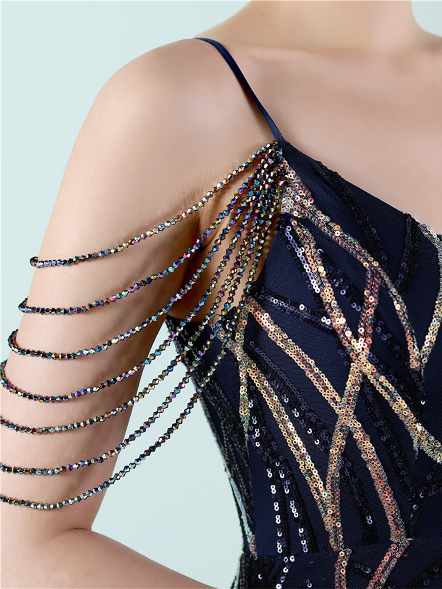 Elegant V-Neck Beads Chain Sequin Mermaid Formal Dress