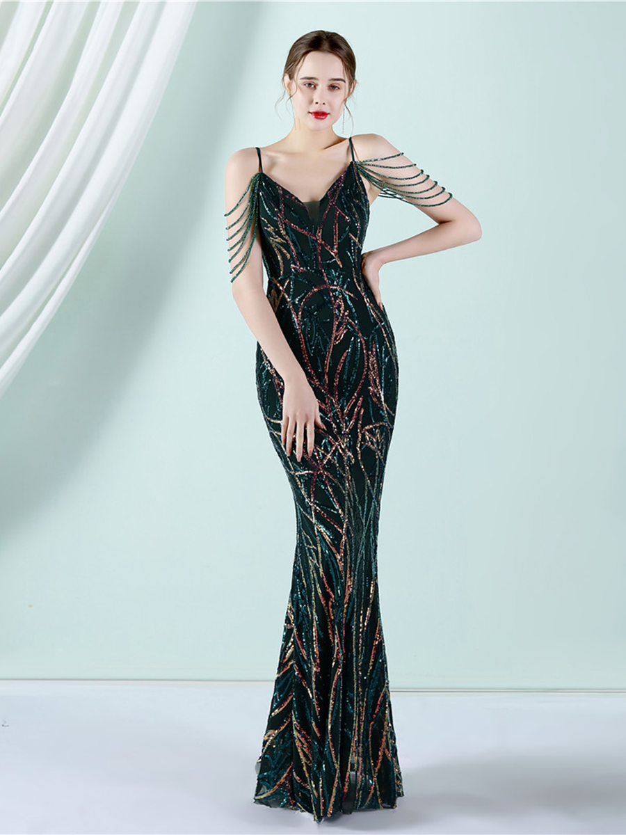 Elegant V-Neck Beads Chain Sequin Mermaid Formal Dress