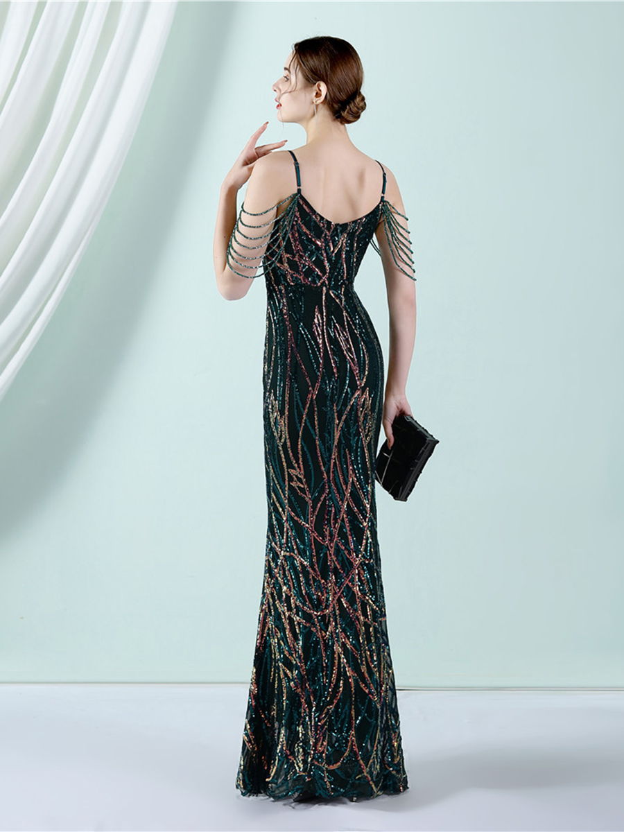 Elegant V-Neck Beads Chain Sequin Mermaid Formal Dress
