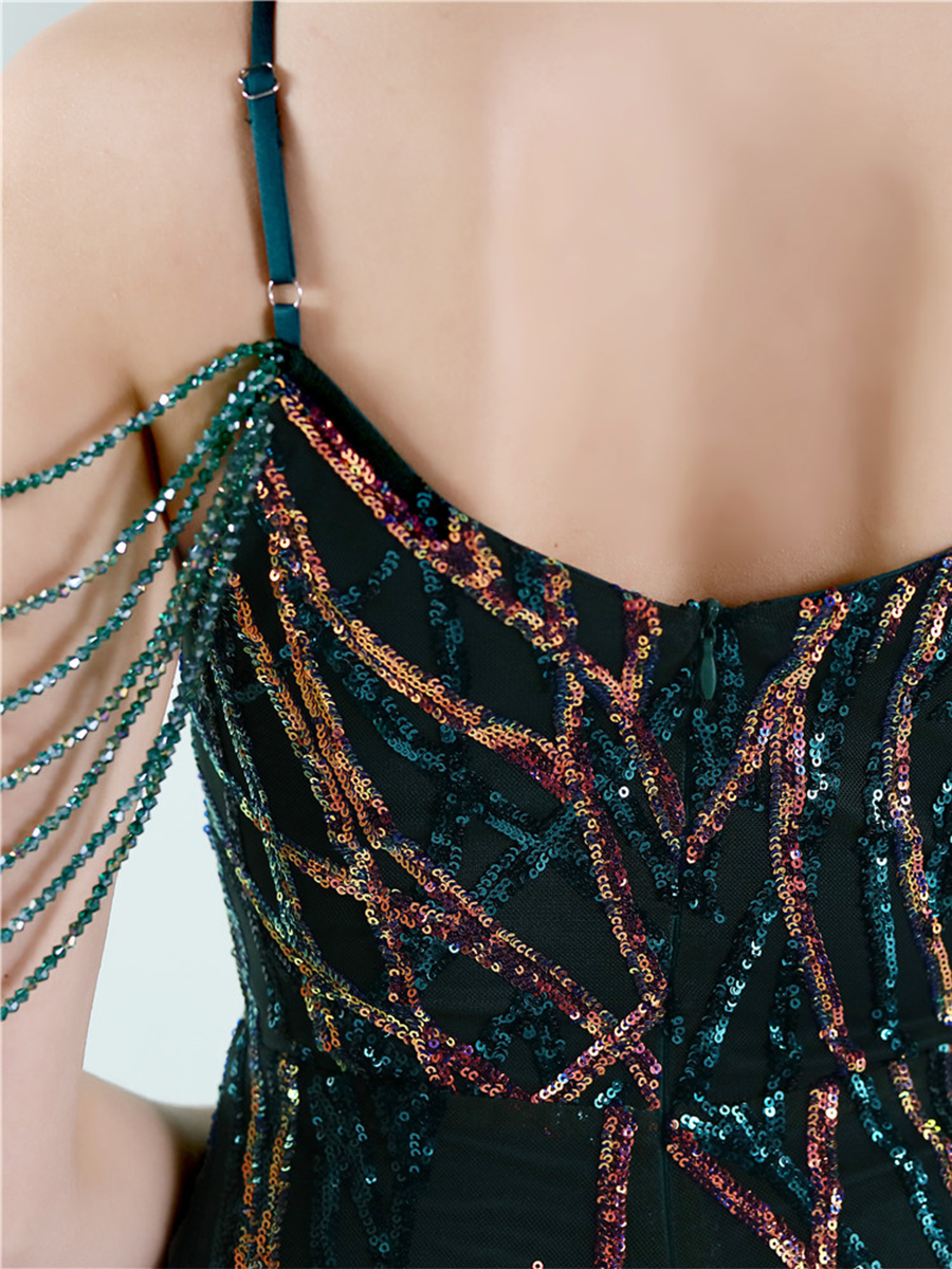 Elegant V-Neck Beads Chain Sequin Mermaid Formal Dress