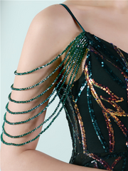 Elegant V-Neck Beads Chain Sequin Mermaid Formal Dress