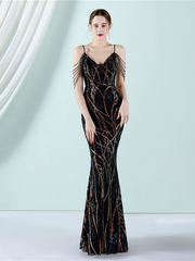 Elegant V-Neck Beads Chain Sequin Mermaid Formal Dress