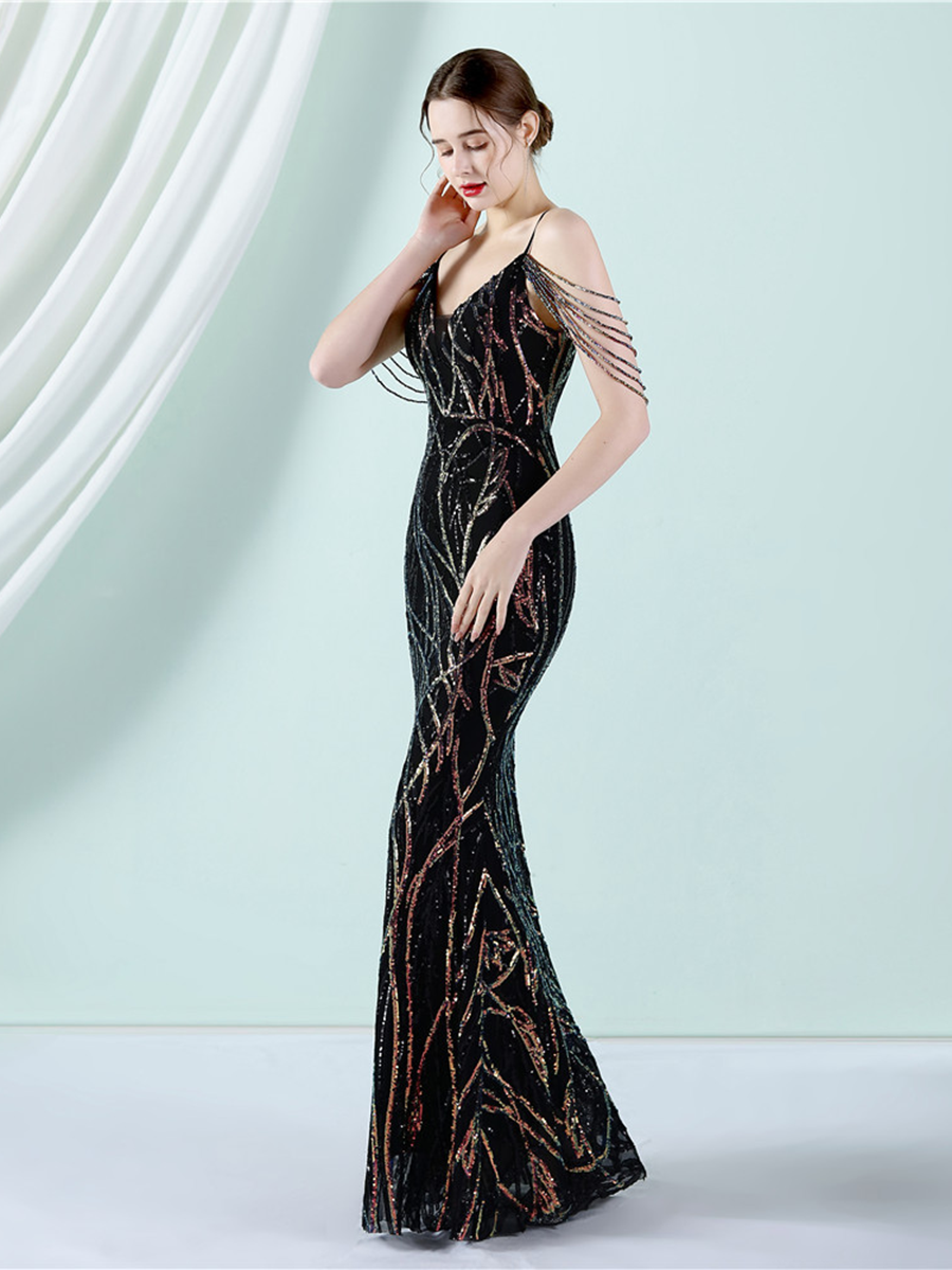 Elegant V-Neck Beads Chain Sequin Mermaid Formal Dress