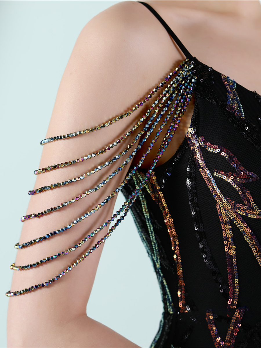 Elegant V-Neck Beads Chain Sequin Mermaid Formal Dress