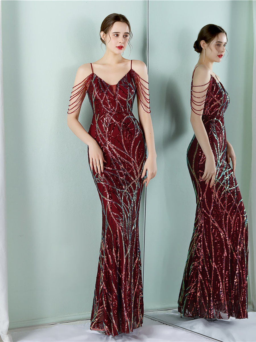 Elegant V-Neck Beads Chain Sequin Mermaid Formal Dress