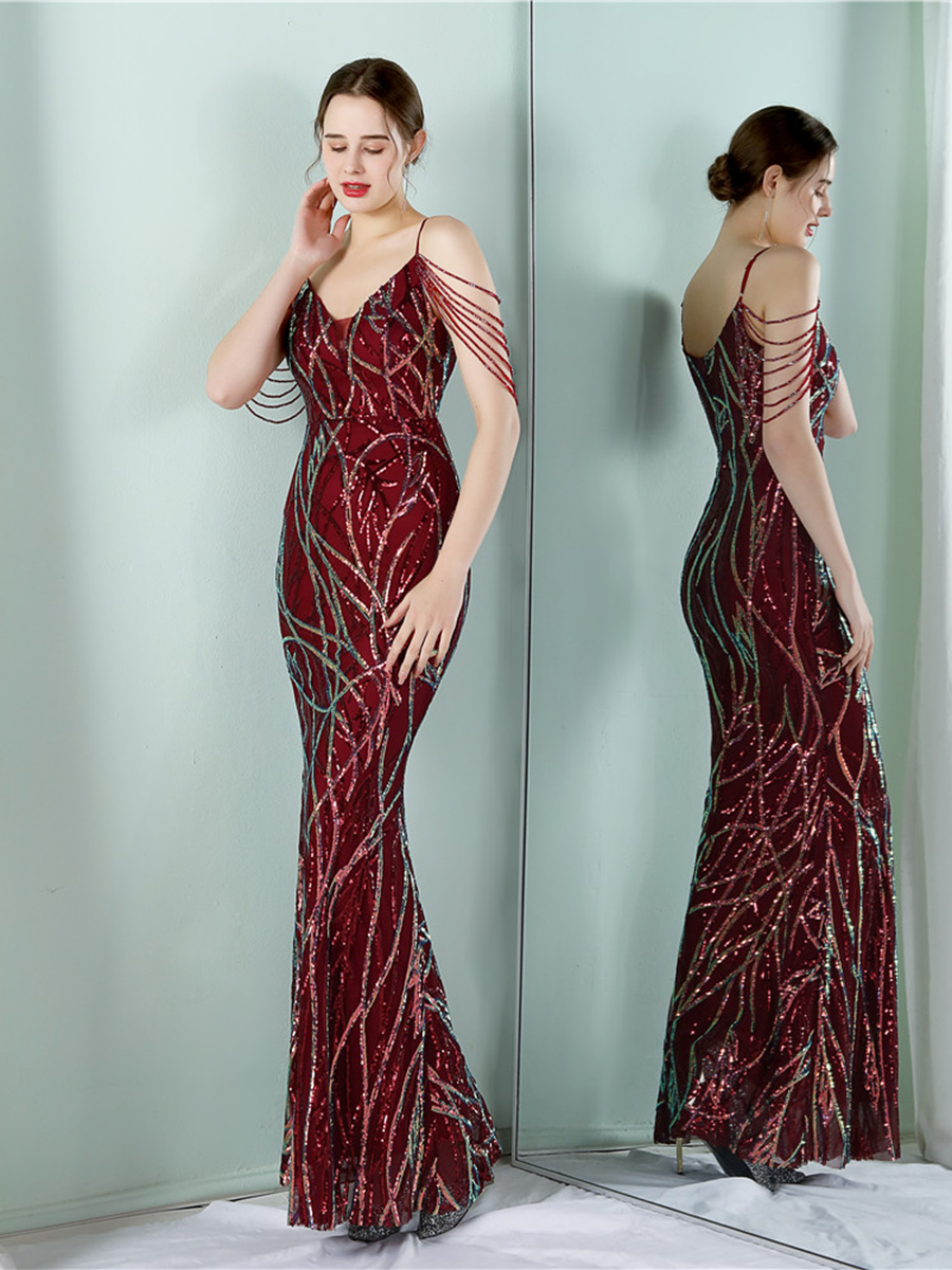 Elegant V-Neck Beads Chain Sequin Mermaid Formal Dress