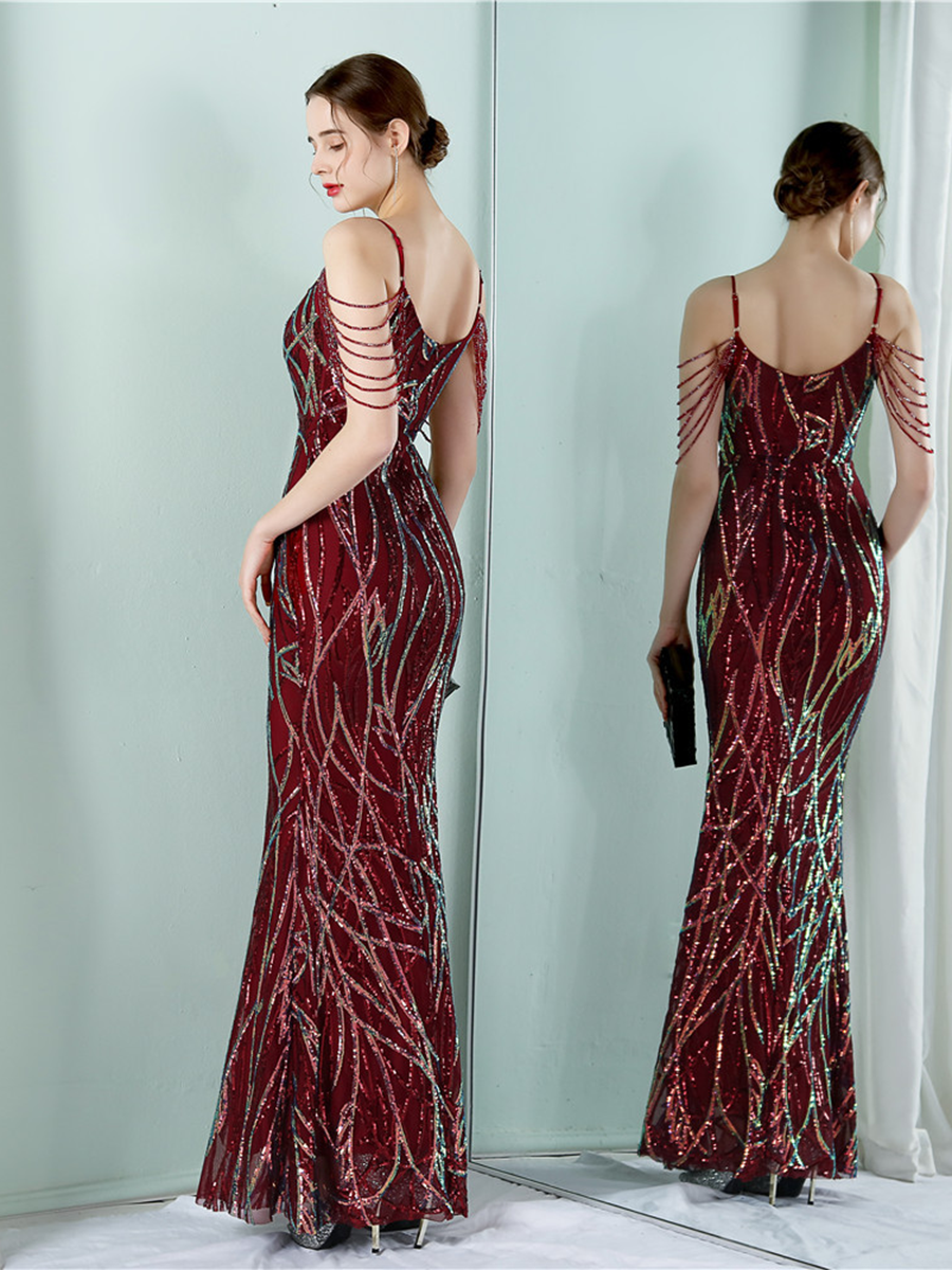 Elegant V-Neck Beads Chain Sequin Mermaid Formal Dress