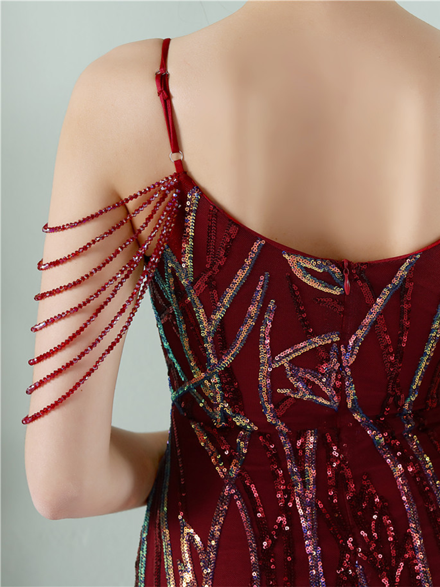 Elegant V-Neck Beads Chain Sequin Mermaid Formal Dress