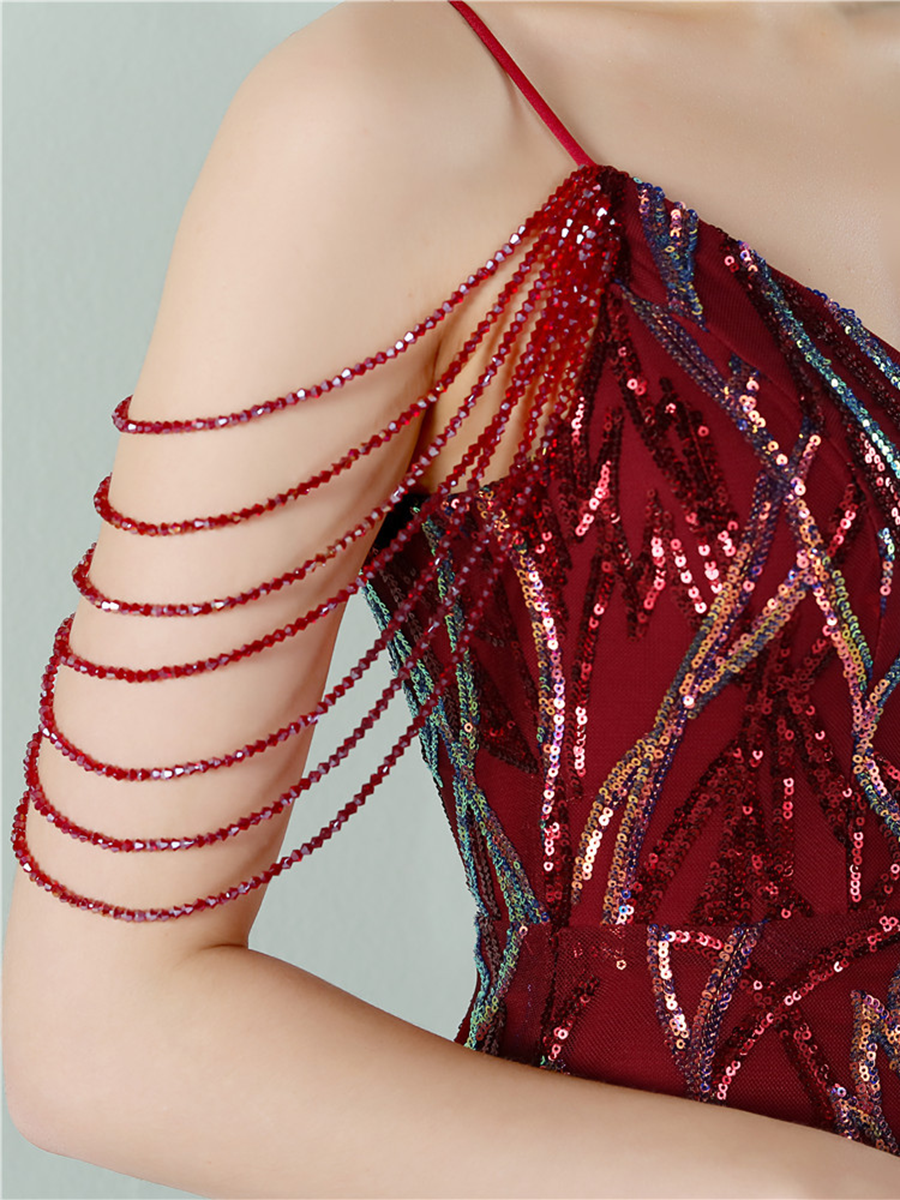 Elegant V-Neck Beads Chain Sequin Mermaid Formal Dress