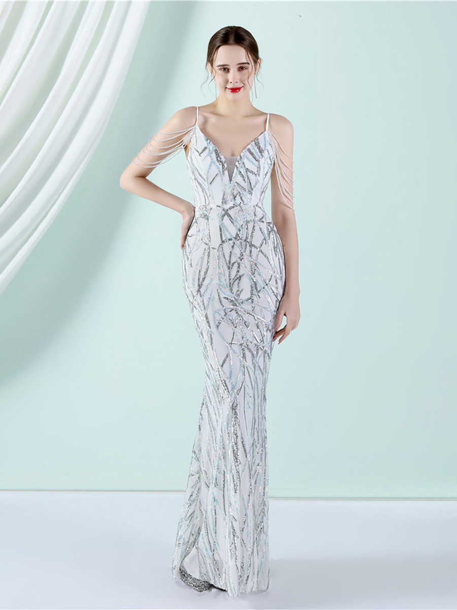 Elegant V-Neck Beads Chain Sequin Mermaid Formal Dress