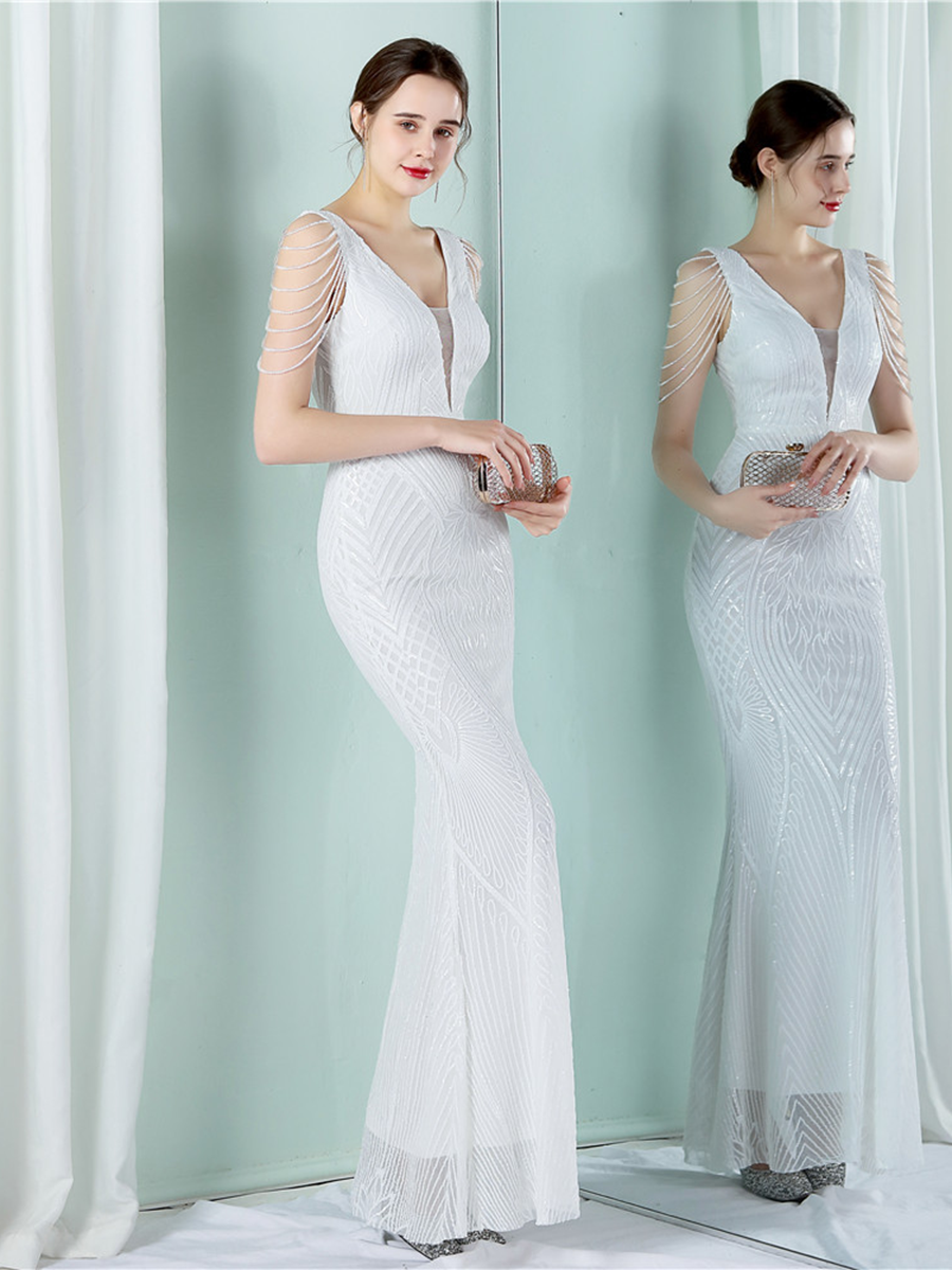 V-Neck Chain Graphic Sequin Prom Dress