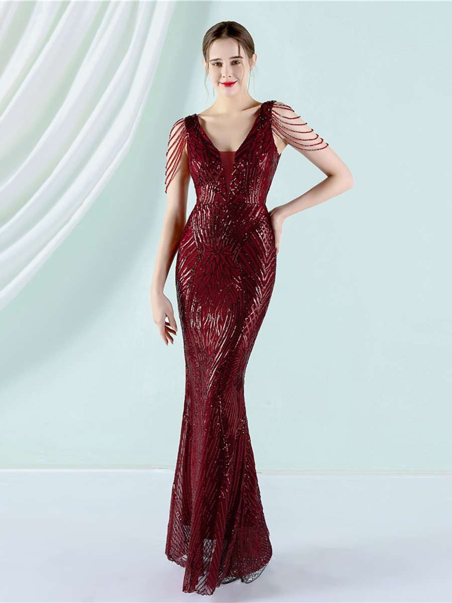 V-Neck Chain Graphic Sequin Prom Dress