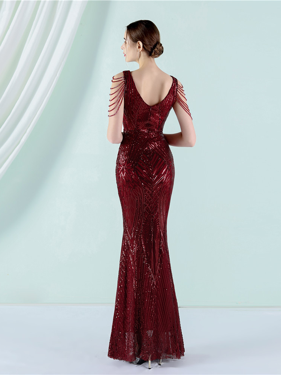 V-Neck Chain Graphic Sequin Prom Dress