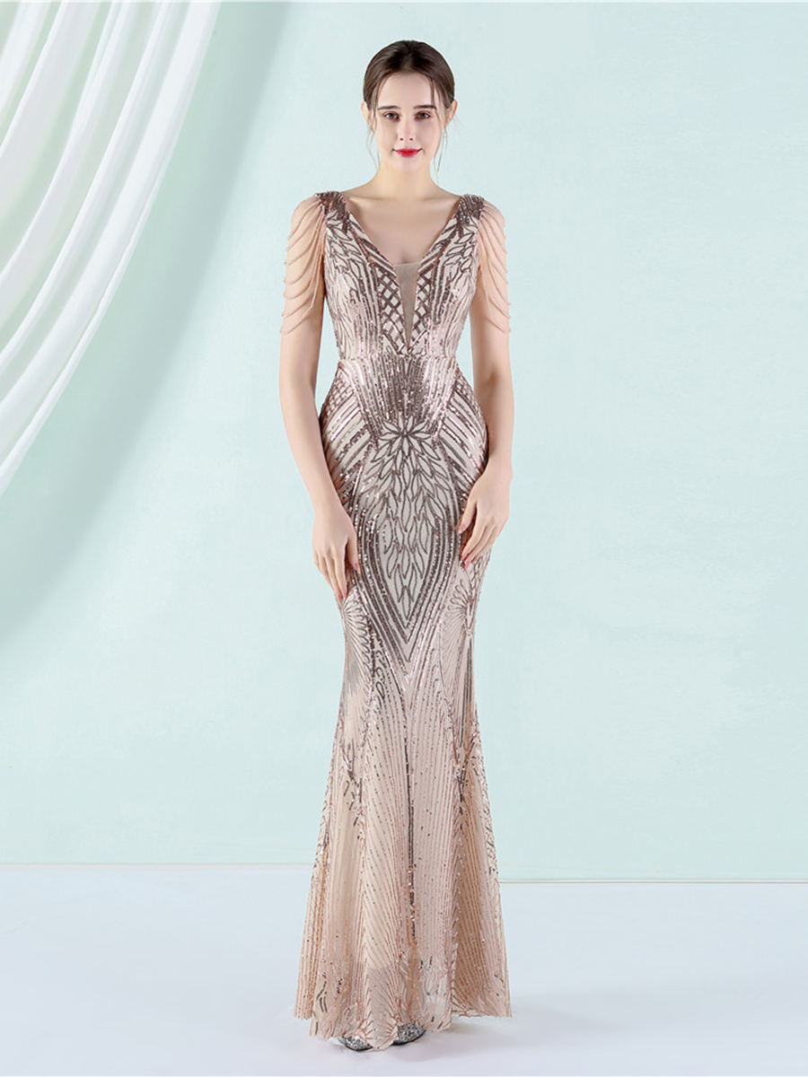 V-Neck Chain Graphic Sequin Prom Dress