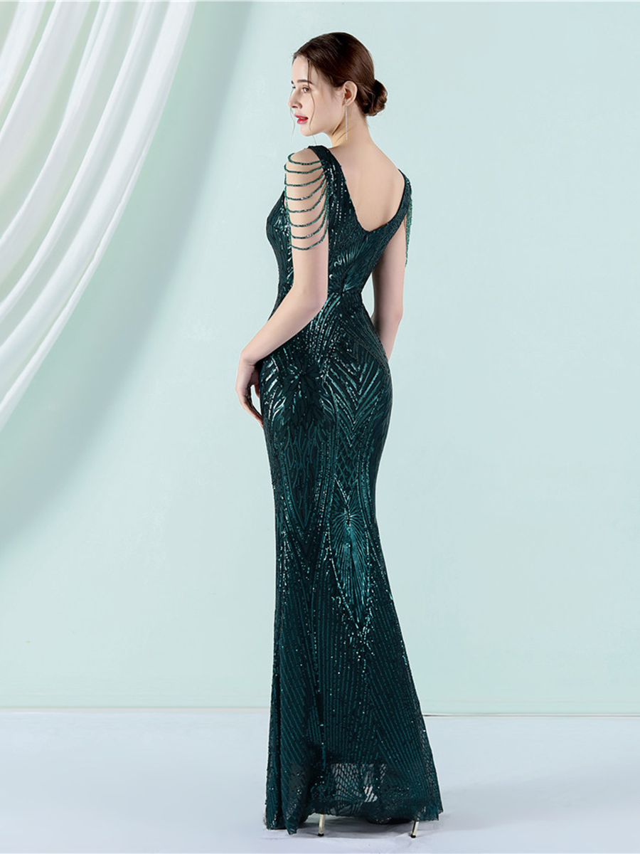 V-Neck Chain Graphic Sequin Prom Dress