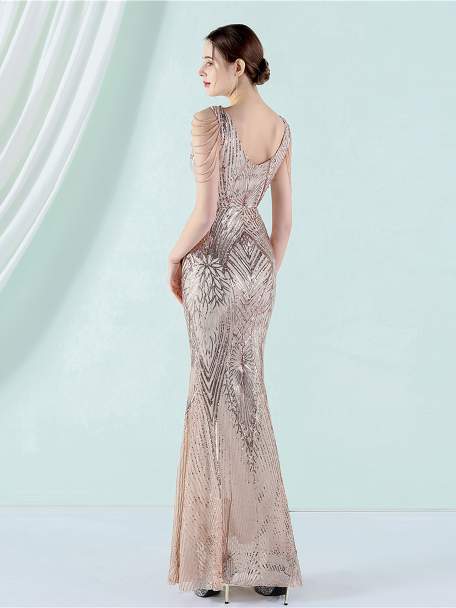 V-Neck Chain Graphic Sequin Prom Dress