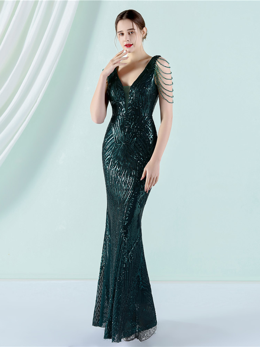 V-Neck Chain Graphic Sequin Prom Dress