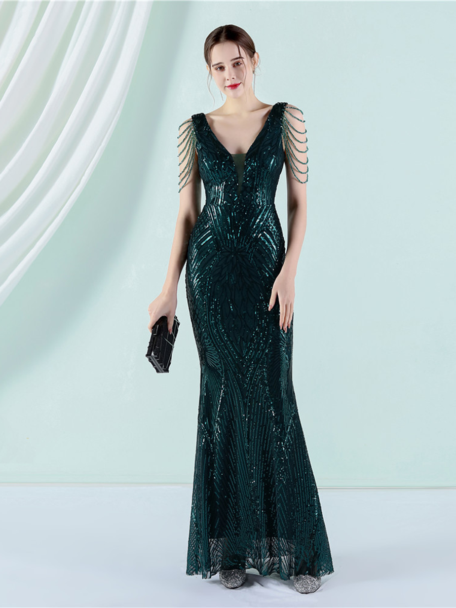 V-Neck Chain Graphic Sequin Prom Dress