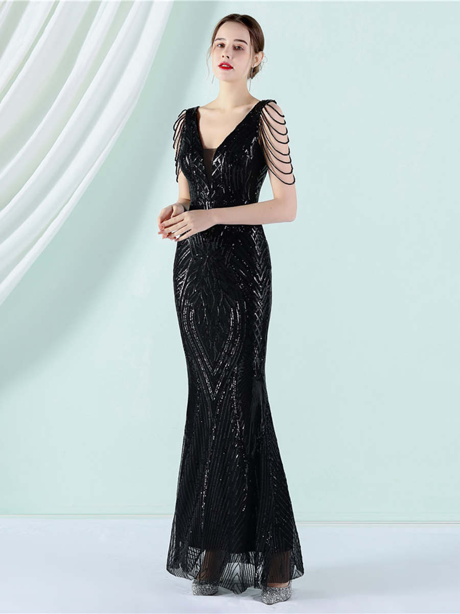 V-Neck Chain Graphic Sequin Prom Dress