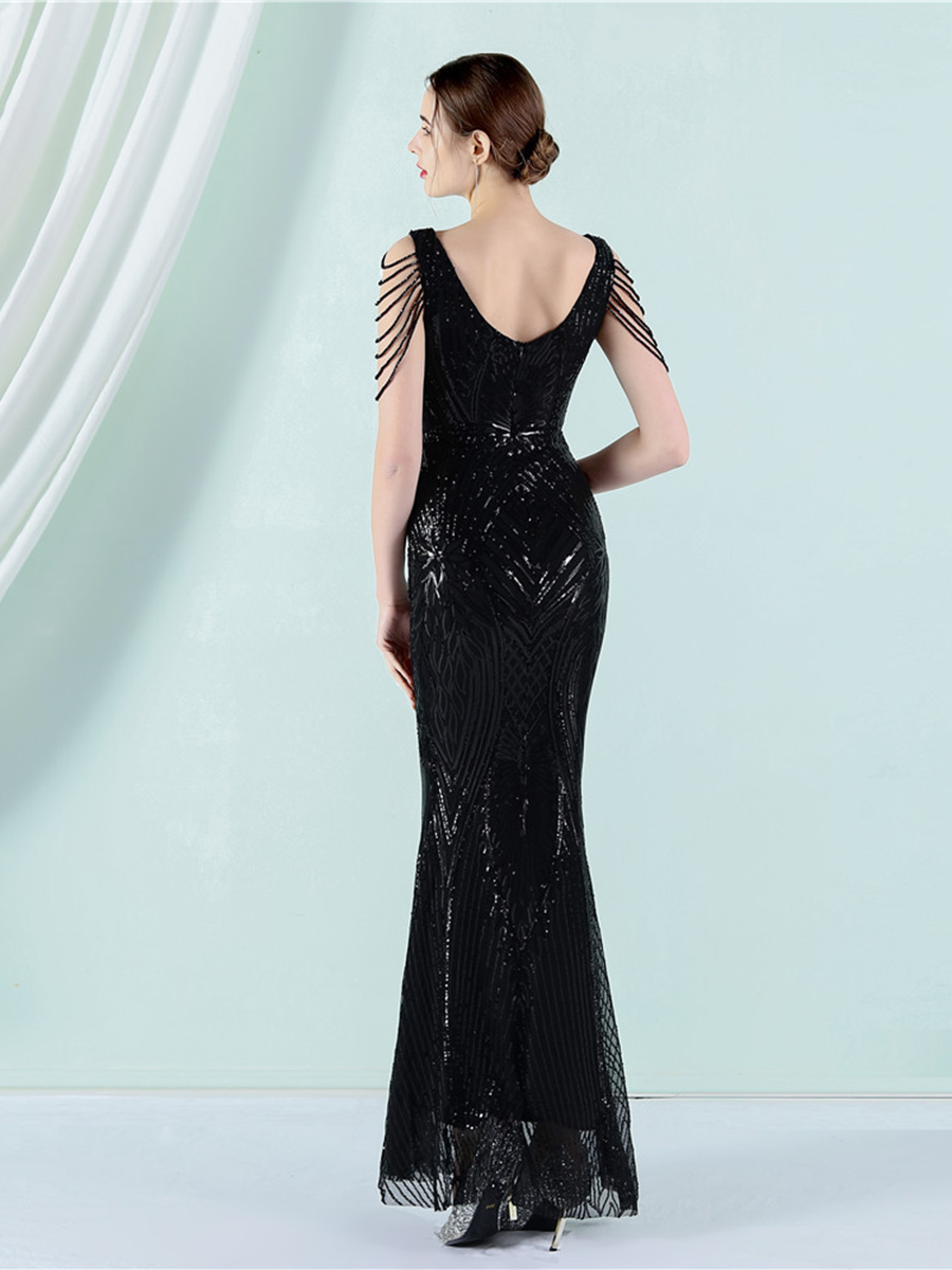 V-Neck Chain Graphic Sequin Prom Dress