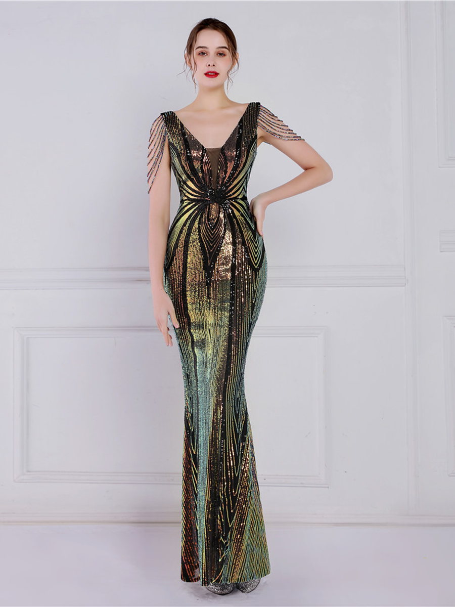 V Neck Elegant Multicolor Maxi Sequin Prom Dress