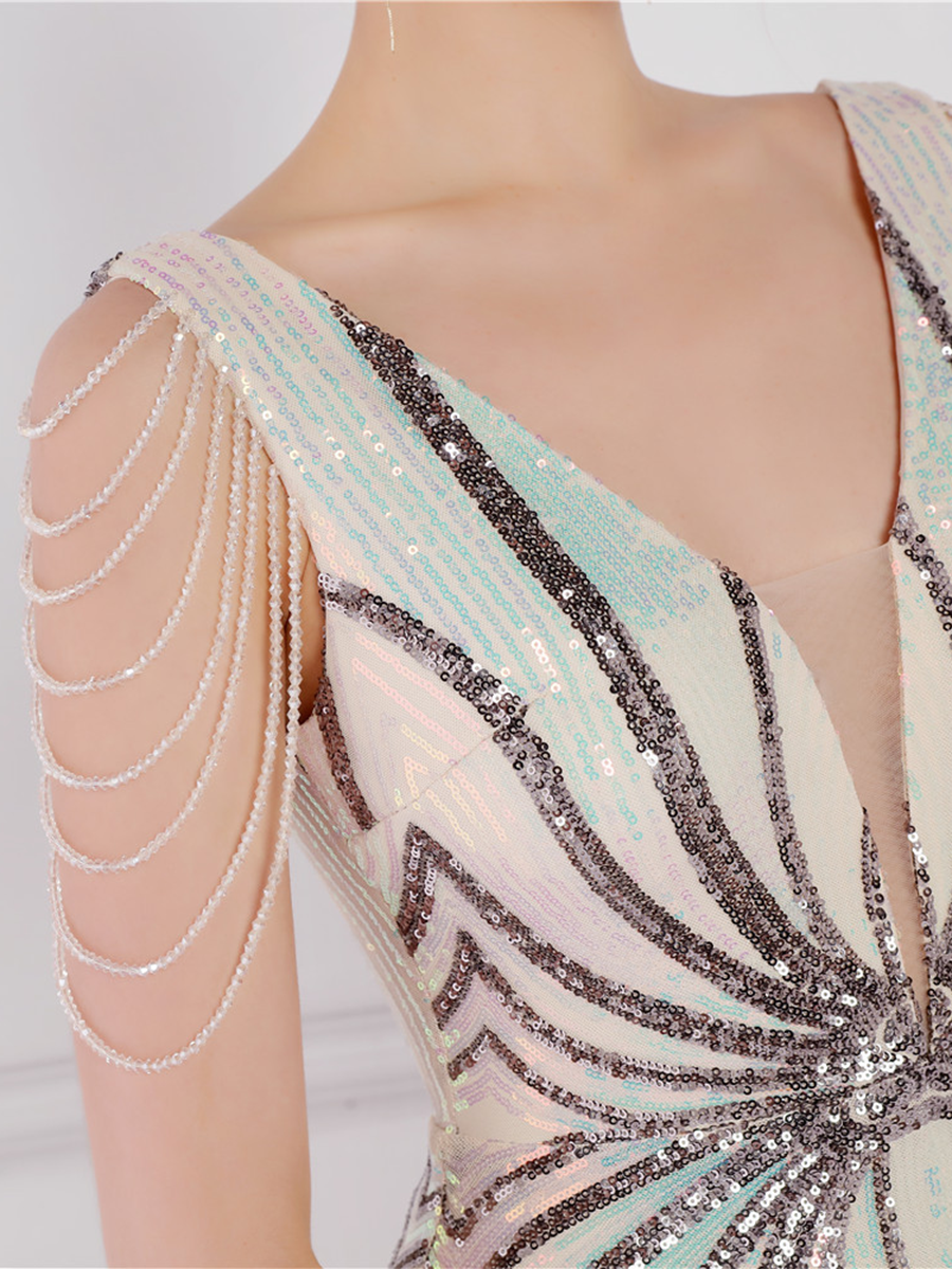 V Neck Elegant Multicolor Maxi Sequin Prom Dress
